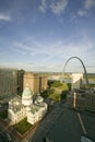 Elevated view of Saint Louis Historical Old Courthouse and Gateway Arch on Mississippi River, St. Louis, Missouri