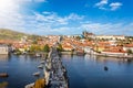 Elevated view to the Vltava river in Prague, old town and castle on a sunny autumn day, Czech Republic Royalty Free Stock Photo