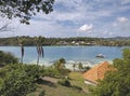 Elevated view of tropical landscape with calm turquoise waters of the Caribbean sea with pleasure boats and Caribbean blue sky. Royalty Free Stock Photo