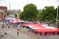 Elevated view of US, Canadian and British Flag