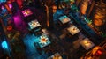 Elevated view of a vibrant restaurant interior at night