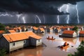 Elevated View of a Village Partially Submerged Under Muddy Floodwaters: Rooftops Peering Above the Serene Surface