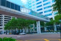 Elevated walkway bridge between two buildings