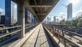Urban Perspective - Elevated Walkway with City Skyline and Construction Royalty Free Stock Photo