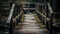 Elevated walkway over tranquil pond reflects autumn beauty generated by AI