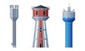 Elevated Water Tower with Tank as Water Supply Storage Vector Set