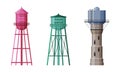 Elevated Water Tower with Tank as Water Supply Storage Vector Set