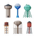 Elevated Water Tower with Tank as Water Supply Storage Vector Set Royalty Free Stock Photo