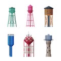 Elevated Water Tower with Tank as Water Supply Storage Vector Set