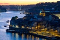 Elevated wide shot of Bairro da Ribeira in Porto during a beautiful twilight