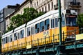 elevated yellow tram in Budapest. high level rails. steel tracks. decorative stucco facades