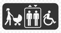 Elevator accessibility sign. Lift, mother with baby stroller, disabled icons