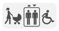 Elevator accessibility sign. Lift, mother with baby stroller, disabled icons