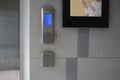 A elevator button panel on the floor wall in the building with ads monitor, stock photos Royalty Free Stock Photo