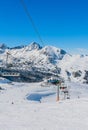 Elevator cabin about the station in ski resort. View of mountains and mechanisms and pillar of the elevator, Pyrenees, Andorra,