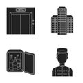 Elevator car, mini bar, staff, building.Hotel set collection icons in black style vector symbol stock illustration web. Royalty Free Stock Photo