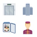 Elevator car, mini bar, staff, building.Hotel set collection icons in cartoon style vector symbol stock illustration web Royalty Free Stock Photo