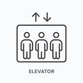 Elevator flat line icon. Vector outline illustration of cabin and people inside. Black thin linear pictogram for