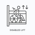 Elevator flat line icon. Vector outline illustration of lift for human with disabilities. Black thin linear pictogram
