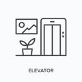 Elevator flat line icon. Vector outline illustration of plant, picture and doors. Black thin linear pictogram for lobby