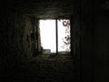 The elevator from the inside with a view of the sky and brick walls Royalty Free Stock Photo