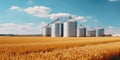 Elevator. Large aluminum silos for storing cereals against the blue sky and voluminous clouds. A field of golden ripe wheat.