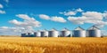 Elevator. Large aluminum silos for storing cereals against the blue sky and voluminous clouds. A field of golden ripe wheat.