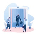 Elevator or lift with open doors,different businessmen standing and walking