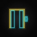 Elevator open, icon neon icon. Blue and yellow neon vector icon