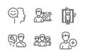 Elevator, Repairman and Success business icons set. Good mood, Teamwork and Add person signs. Vector