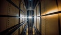 Elevator shaft from inside: metal walls and large cables lift, Generative AI Royalty Free Stock Photo