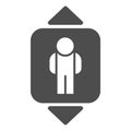 Elevator solid icon. Passenger lift, human and up and down arrows symbol, glyph style pictogram on white background