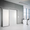 Elevators and white rollup banner. 3d rendering Royalty Free Stock Photo