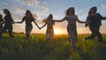 Eleven cheerful girls run to the meeting across the field in the summer, holding hands. Royalty Free Stock Photo