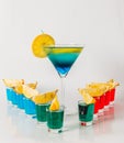 Eleven color shot drinks, red, blue and green kamikaze, drink in Royalty Free Stock Photo