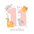 11 eleven months anniversary card. Baby shower print with cute animal dino and flowers capturing all special moments