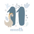 11 eleven months Baby boy anniversary card metrics. Baby shower print with cute animal dino, flowers and palm capturing