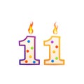 Eleven years anniversary, 11 number shaped birthday candle with fire on white