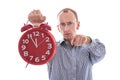 Eleventh hour - stressed man pointing at camera isolated on whit