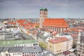 Elevetad view of Frauenkirche cathedral above roofs of Munich