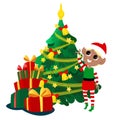 Elf boy near Christmas tree with gifts in cartoon style. Royalty Free Stock Photo