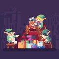 Elf carrying present into bag with gifts Merry Christmas. Funny Santa Claus helper. Cheerful cute elf. Cartoon character Royalty Free Stock Photo