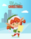 Elf Character Holding Letter Merry Xmas Vector