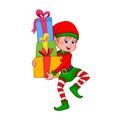 Elf. Christmas elf is carrying group of colorful wrapped gift boxes with ribbons and bows. Cute cartoon Santa Claus helper elf Royalty Free Stock Photo
