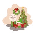 Elf with christmas tree and gifts Royalty Free Stock Photo
