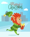 Merry Christmas with Elf Carrying Gift Vector Royalty Free Stock Photo