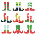 Elf Feet. Christmas Fairytale Character Colorful Stylish Boots Santa Shoes And Leggings Vector Cartoon Set