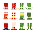 Elf feet and legs. Christmas santa elves stocking in shoes boots. Cute leprechaun or dwarf foot, flat xmas funny magic