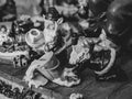 Elf figurine closeup with blurred background in black and white. Royalty Free Stock Photo