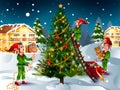 Elf with gift in winter background for Merry Christmas holiday celebration